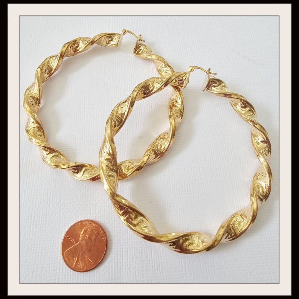 Chunky Hammered Gold Hoop Earrings 3" Lightweight Hoops New G213